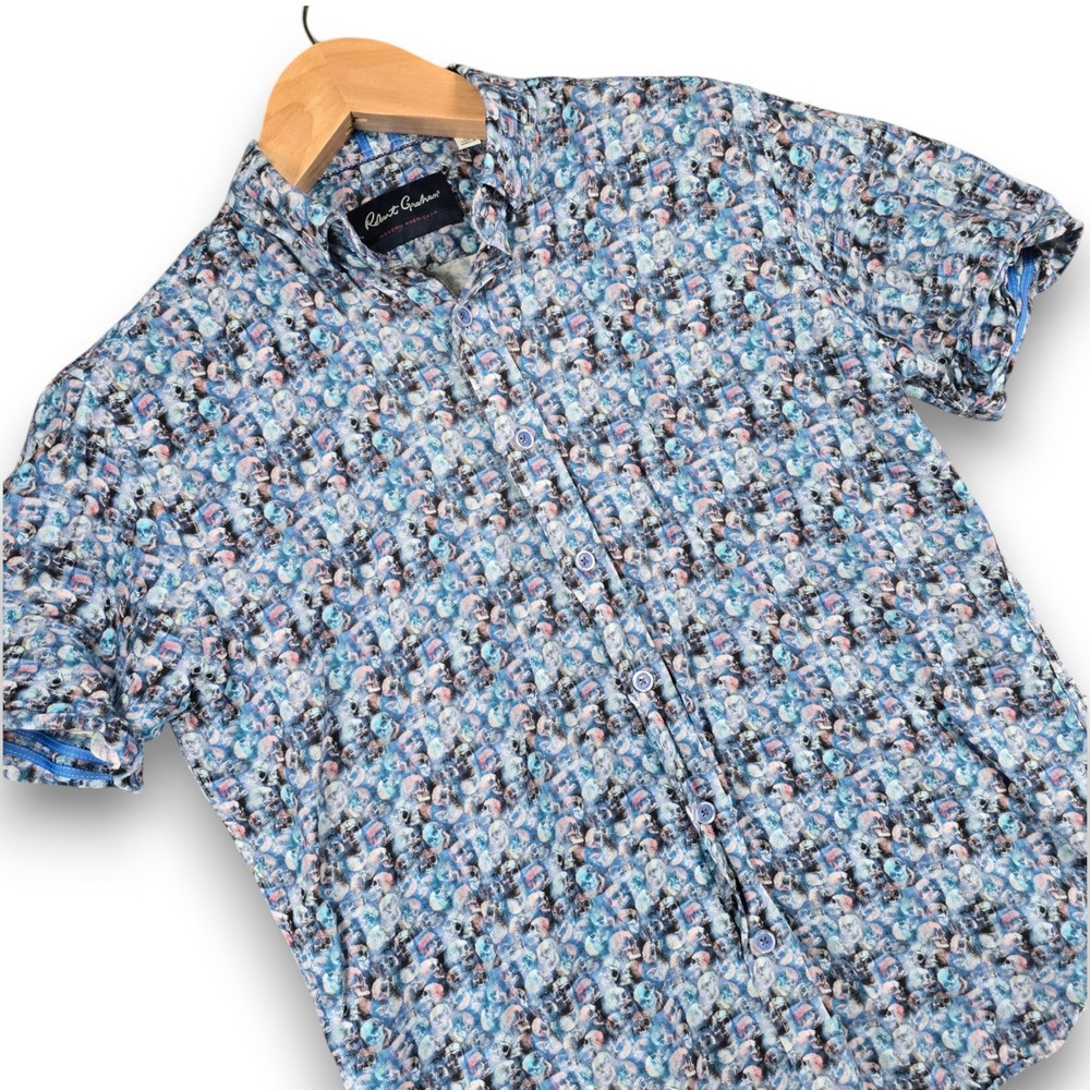 Robert Graham Mens Shirt Medium Blue Skull Print Linen Cotton Short Sleeve M